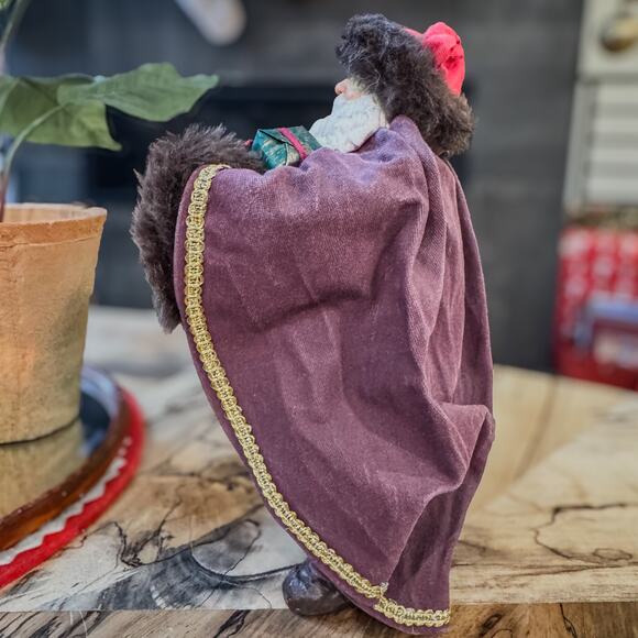 Vintage Old World Santa in Brown Faux Fur & Plum Clothtique-Like Hat & Cape 10"H - Picture 5 of 8